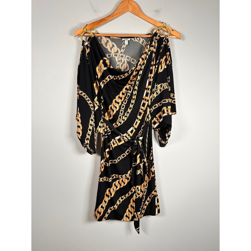 Vintage Y2K Cache Black and Gold Chain Print Dress Hip Hop Baby Phat Glam XS